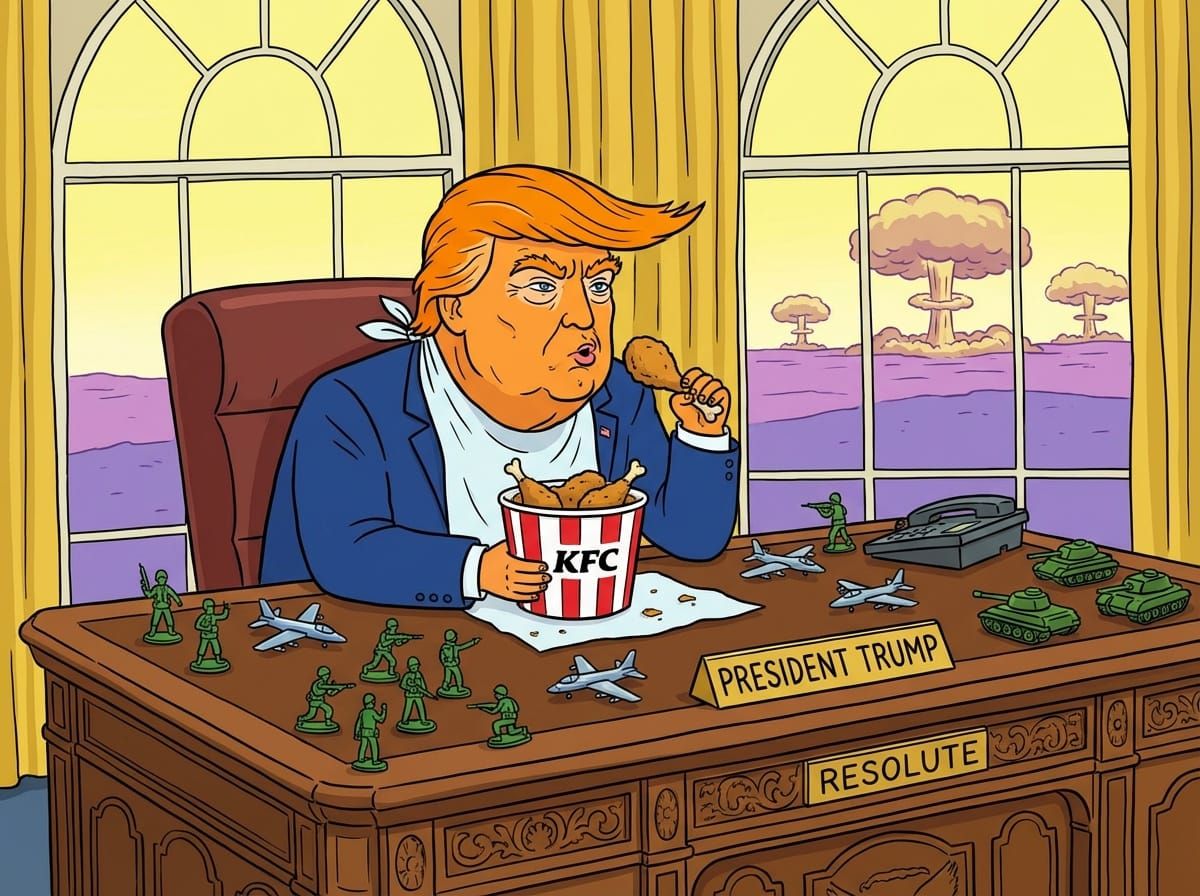 2d animation image of a man at a desk with war themed toys and fried chicken