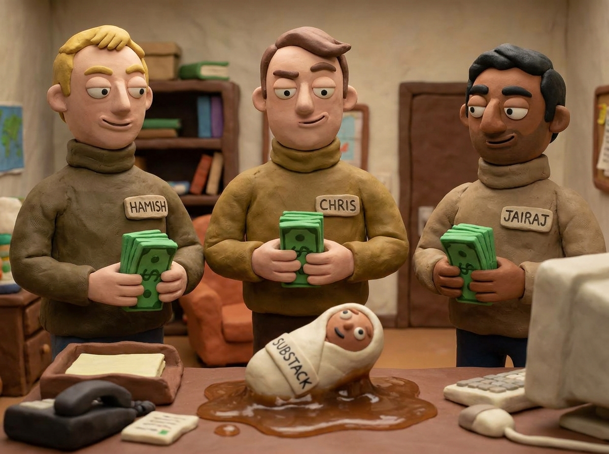 amusing claymation image of the three founders of Substack