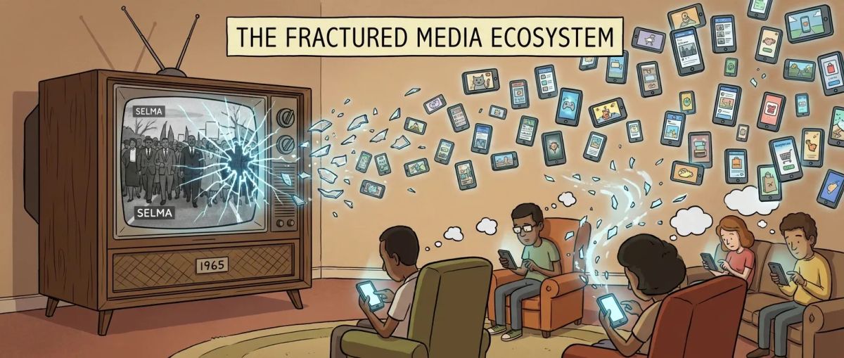 an ai generated cartoon style image of an old time television breaking and phones and screened devices coming out