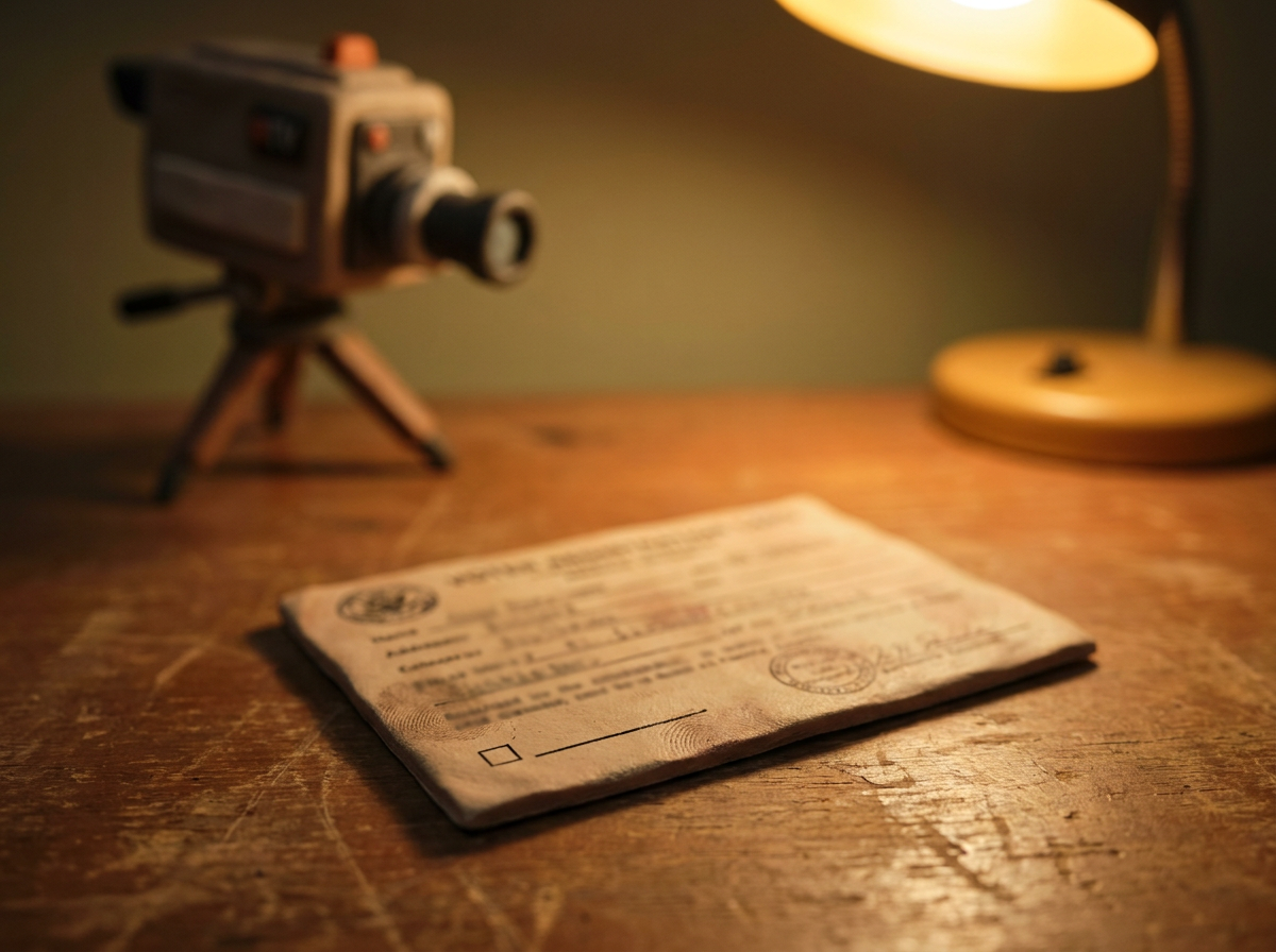 A voter registration card lies on a desk, its party-affiliation line in sharp focus as a blank box, a television camera blurred in the background.