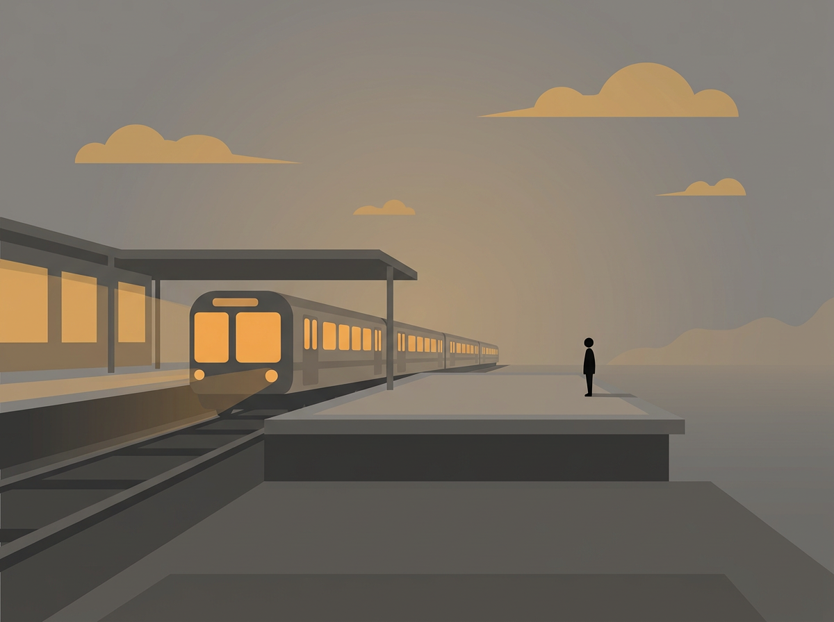 A lone figure watches a train depart an empty platform.