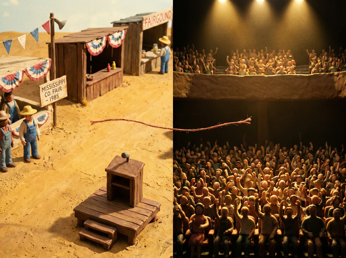 Split claymation scene of a sunlit Mississippi fairground platform and a packed night arena, connected by a thin red thread.