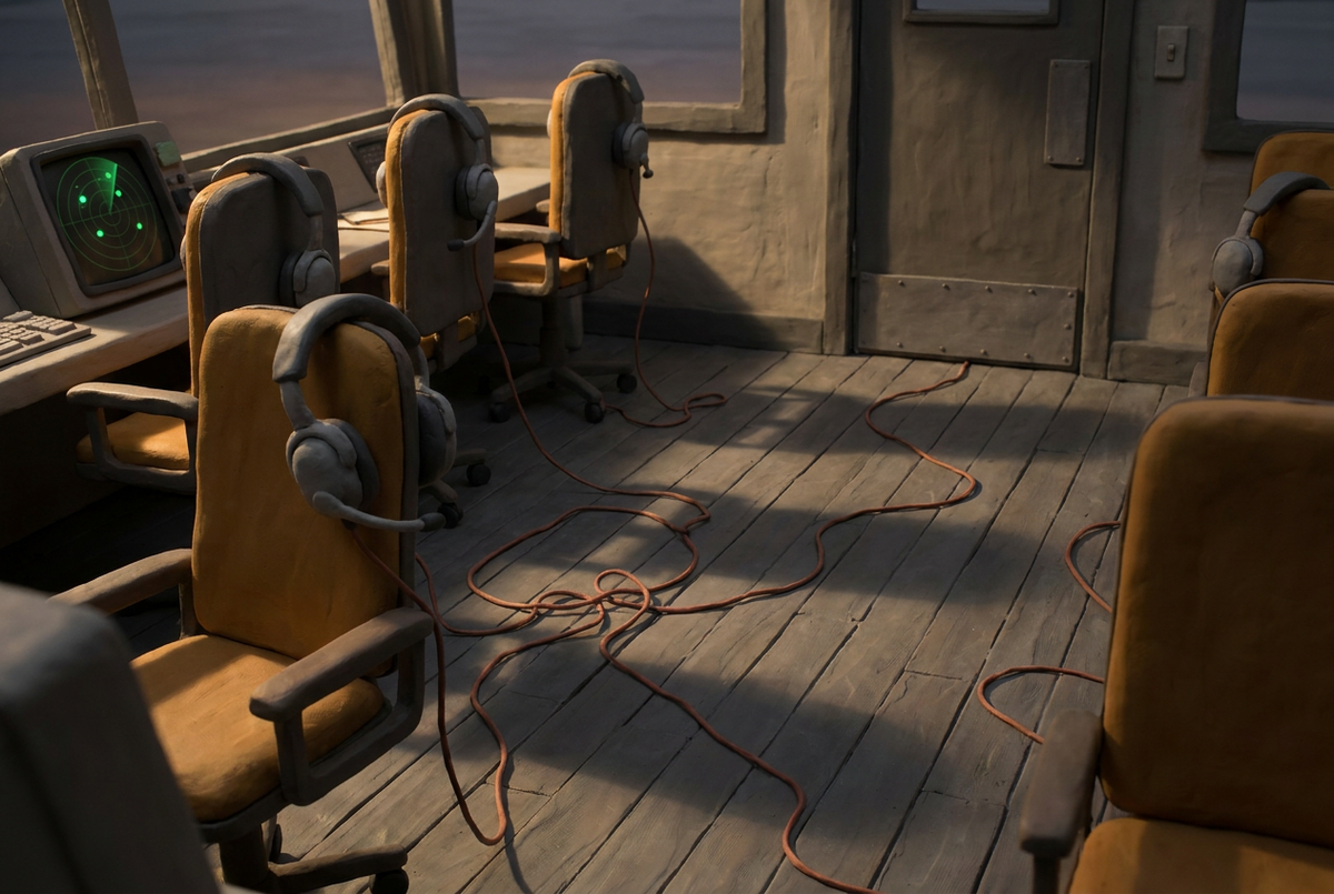 A dim clay air traffic control room with empty chairs and draped headsets, and a red thread running out under the door.