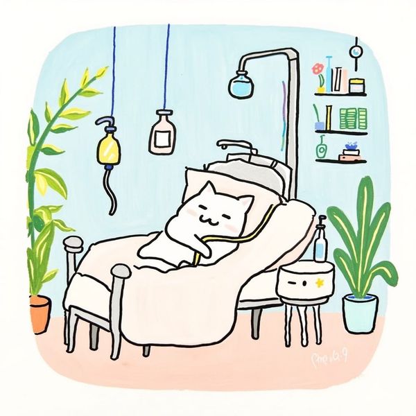 drawing of a cat in a hospital bet recovering.