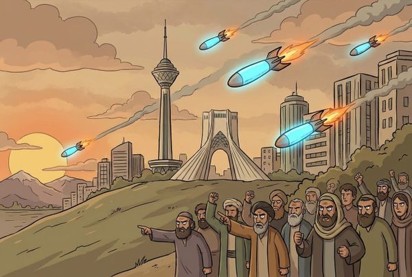 image of angry arabs in iran being bombarded and looking angrily to the west.