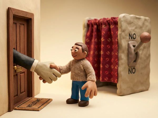 claymation of a pol shaking a hand, and a voting booth where that voter will vote against the pol