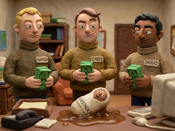 amusing claymation image of the three founders of Substack