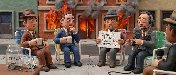 an AI generated image in claymation style of former Republican political operatives talking while a building is burning behind them