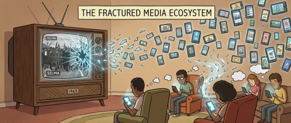 an ai generated cartoon style image of an old time television breaking and phones and screened devices coming out