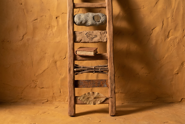 A claymation ladder with rungs made of different materials, a coin, a carved silhouette, and a small book.