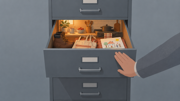 A hand closes a filing cabinet drawer that contains a small warmly lit scene of an ordinary household.