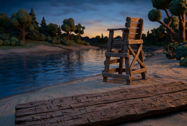 An empty lifeguard chair beside a heavily notched wooden plank on a riverbank at dusk.