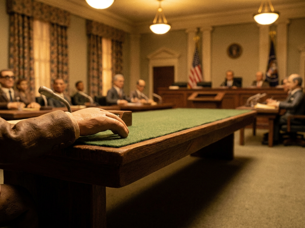 A clay hand rests on a hearing-room table, fingers reaching toward a document just out of frame.