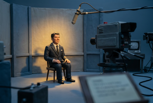 Claymation illustration of a suited figure seated under studio lights facing a camera and microphone, mid-taping.