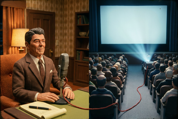 Split claymation scene of a man alone at a radio microphone beside a packed auditorium audience facing a projector screen.