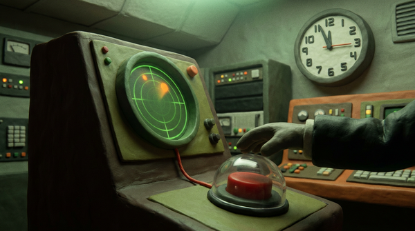 A dim radar room with one glowing blip, a hand over a button under a glass dome, and a clock six minutes to the hour.