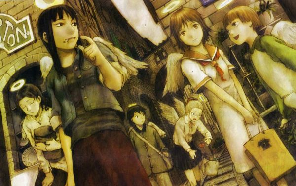 Artwork for Yoshitoshi ABe's anime Haibane Renmei, depicting a group of young women with wings and halos.
