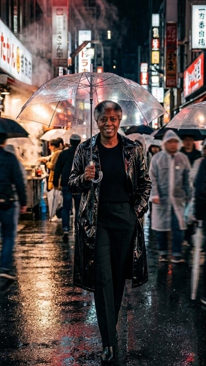 Smiling Black woman with short gray hair walking under a clear umbrella on a rainy, neon-lit city street at night. She wears a glossy black trench coat and dark trousers.