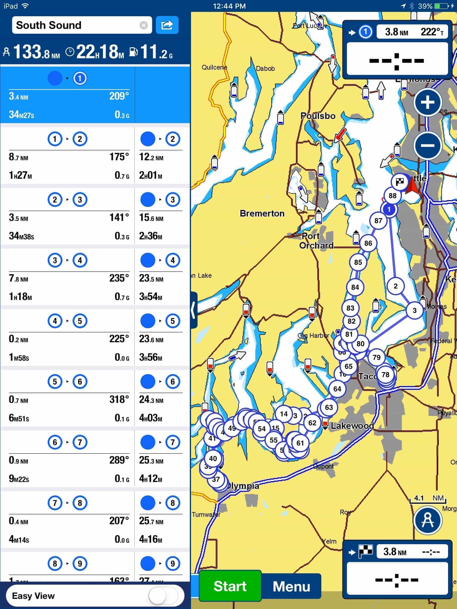 South Sound route with times and fuel