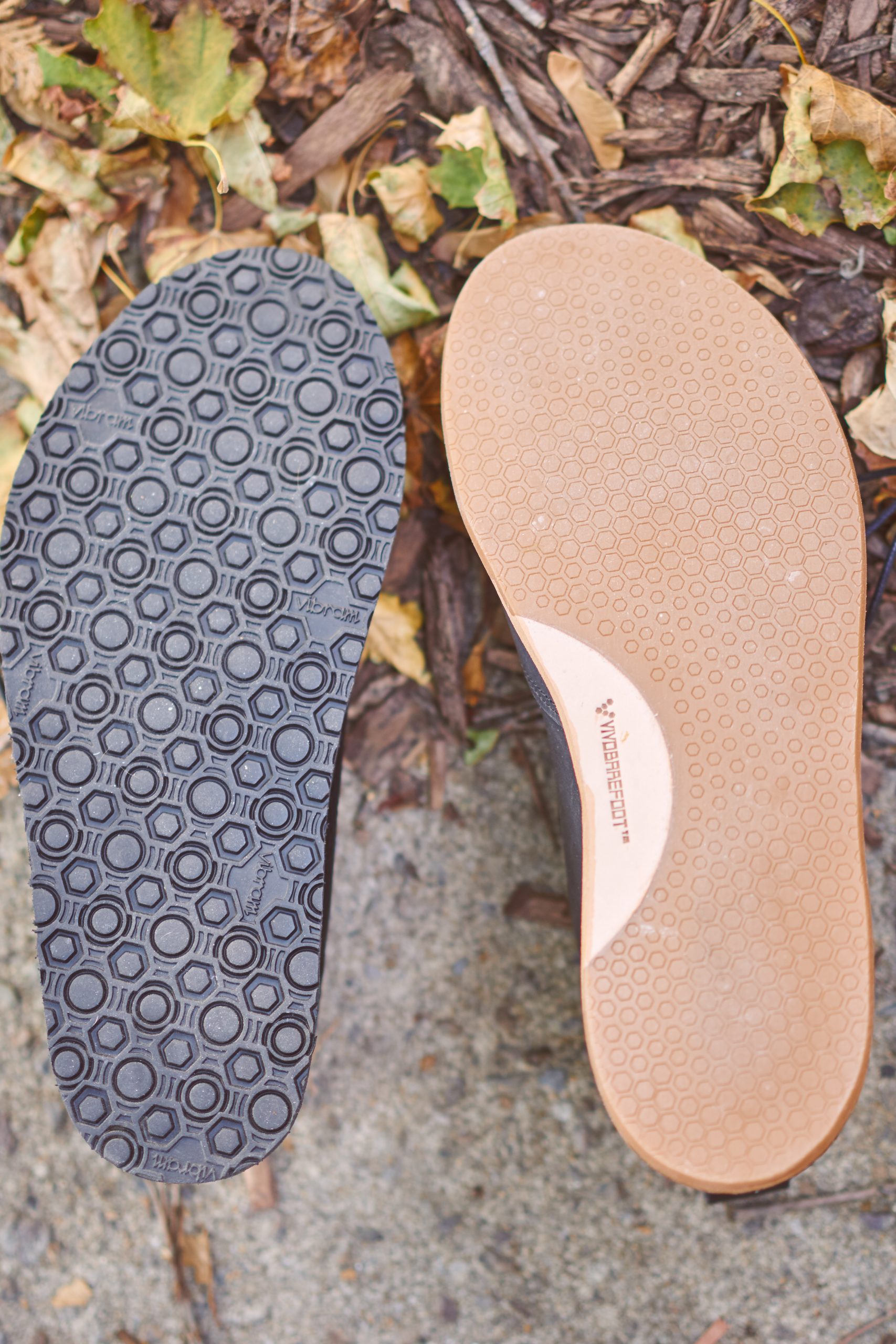 The Hawthorne's Vibram Geo sole (8mm vs the Vivobarefoot "handcut" sole (4mm)