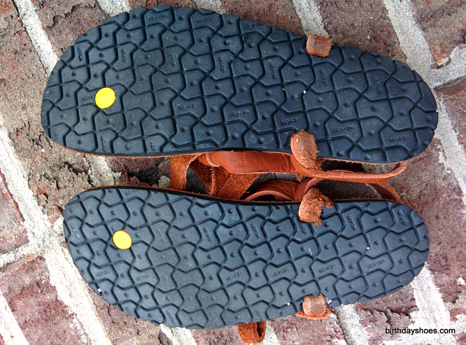 Here you can see the 10mm Vibram rubber soles of the Mono Premium.  Note the slight wear at midfoot after 2-3 months of routine (though not everyday) wear.  These soles should last quite awhile.