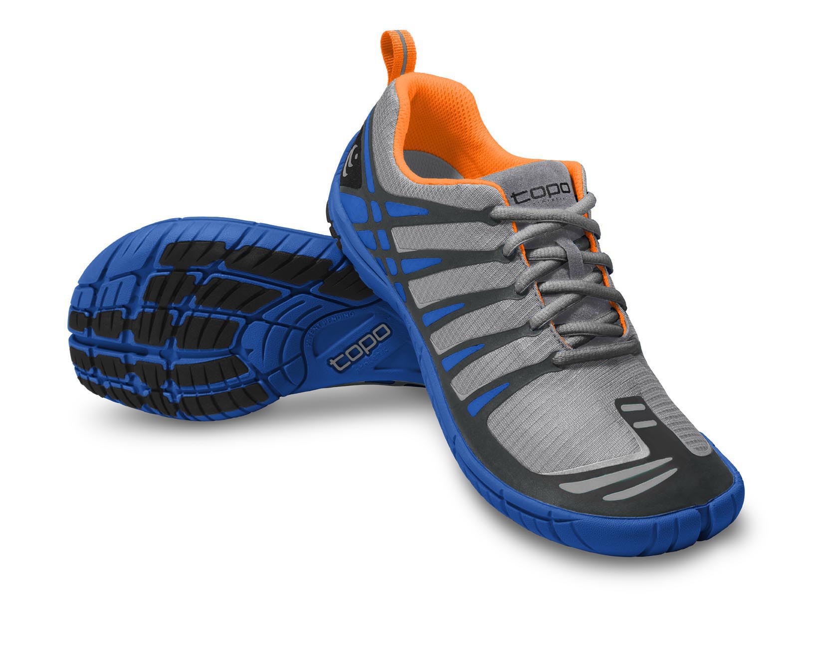 A photo of the Topo Athletic ST.  Note the fabric bar on the top of the instep -- that's where the split is for the original Topos.