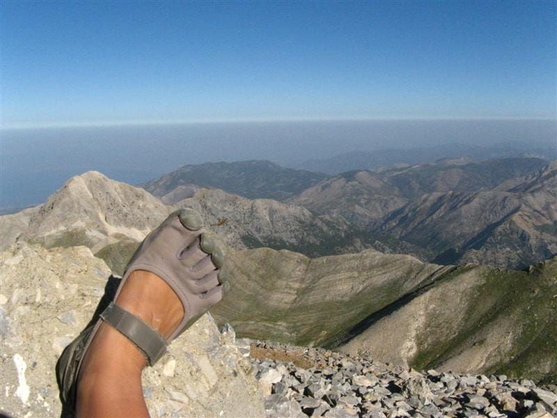 Maria hikes to the top of Mount Taugetus, Greece in Sprint Vibram FiveFingers