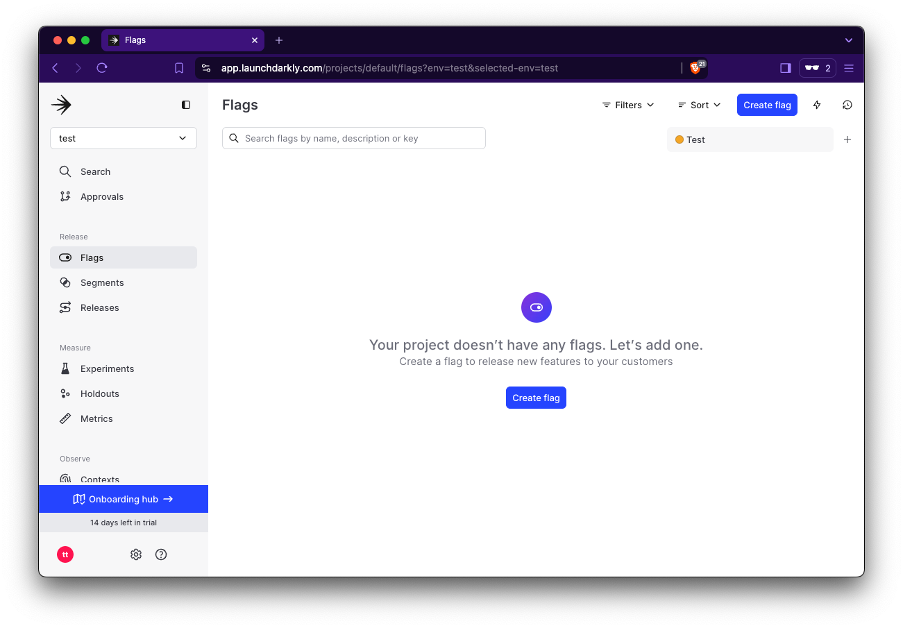 Screenshot of the Flags section in LaunchDarkly's dashboard