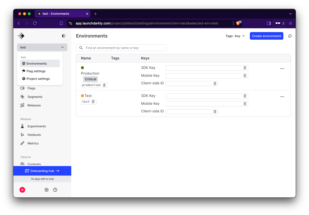 Screenshot of the Environments section in LaunchDarkly's dashboard