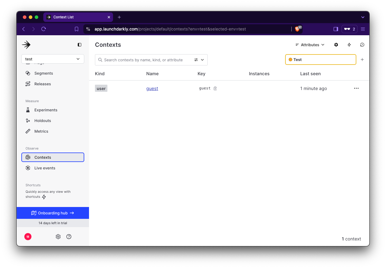 Screenshot of the Contexts section in LaunchDarkly's dashboard