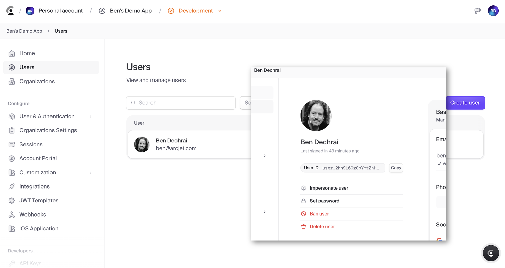 Screenshot of Clerk's Users area showing a list of users, and an overlay showing the User ID required for the next step.