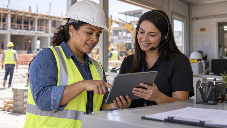 Imagem ilustrativa gerada por IA: profissional de construção e atendente analisam informações em um tablet junto a uma obra.