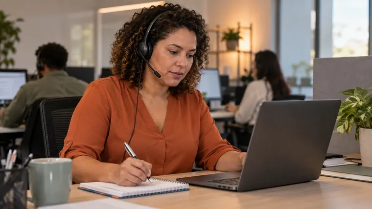 Imagem ilustrativa gerada por IA: profissional de atendimento com fone de ouvido organiza anotações no trabalho.