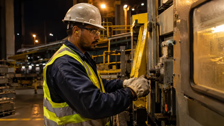Imagem ilustrativa gerada por IA: operário com capacete e colete refletivo trabalha em máquina industrial durante o turno da noite.