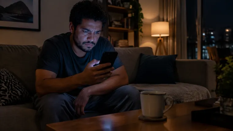 Imagem ilustrativa gerada por IA: homem no sofá à noite olha preocupado para o celular iluminado na sala escura.