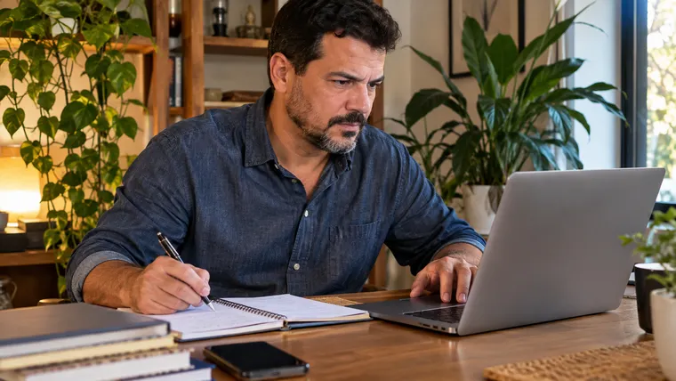 Imagem ilustrativa gerada por IA: homem de 40 e poucos anos estuda no notebook em casa, com livros e caderno de anotações.