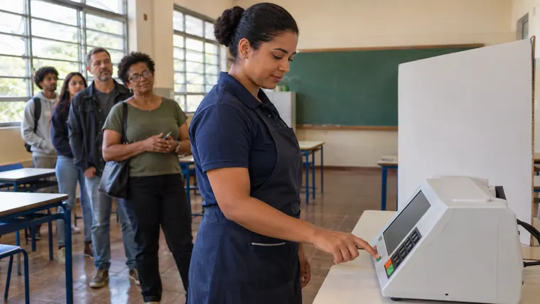 Imagem ilustrativa gerada por IA: trabalhadora do comércio vota em urna eletrônica no domingo de eleição.