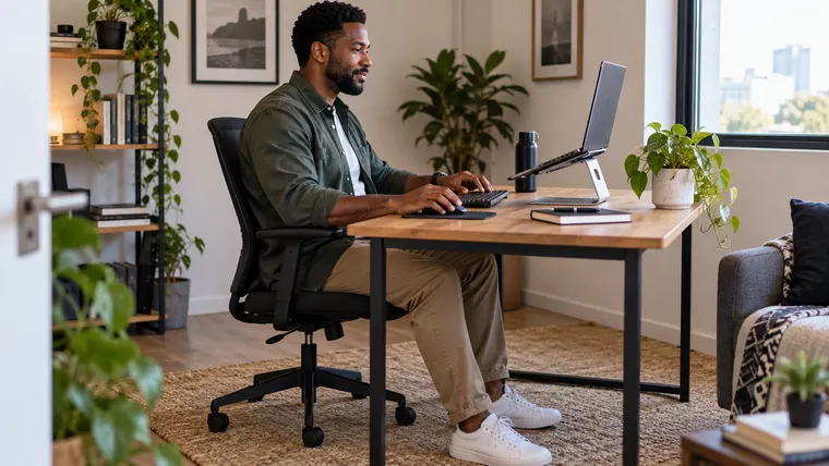 Homem trabalhando com notebook elevado, teclado e mouse externos; imagem ilustrativa gerada por IA.