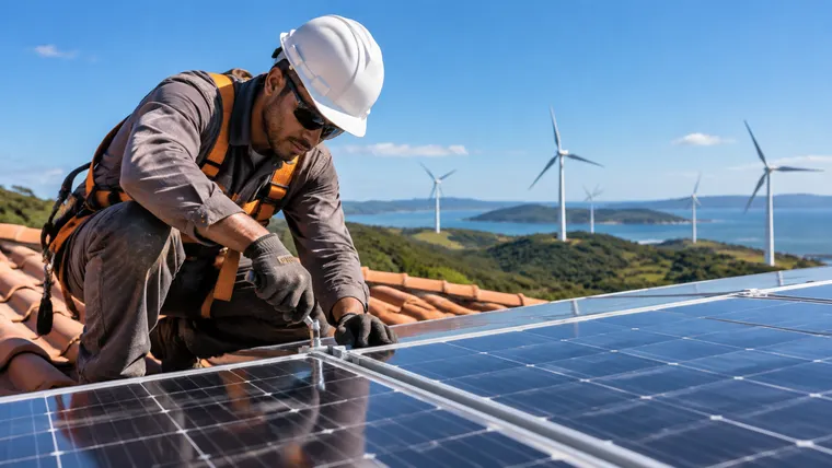 Imagem ilustrativa gerada por IA: trabalhador com capacete e equipamento de segurança instala painéis solares, com turbinas eólicas ao fundo.
