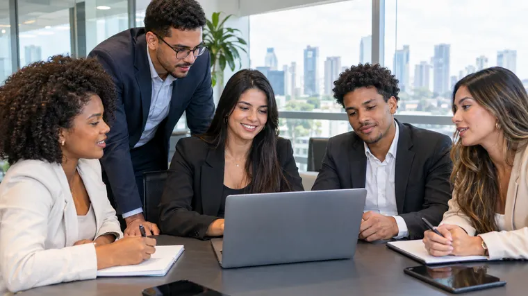 Imagem ilustrativa gerada por IA: jovens profissionais brasileiros em reunião em escritório corporativo moderno