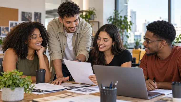 Imagem ilustrativa gerada por IA: jovens analisam informações de trabalho em uma mesa com notebook.
