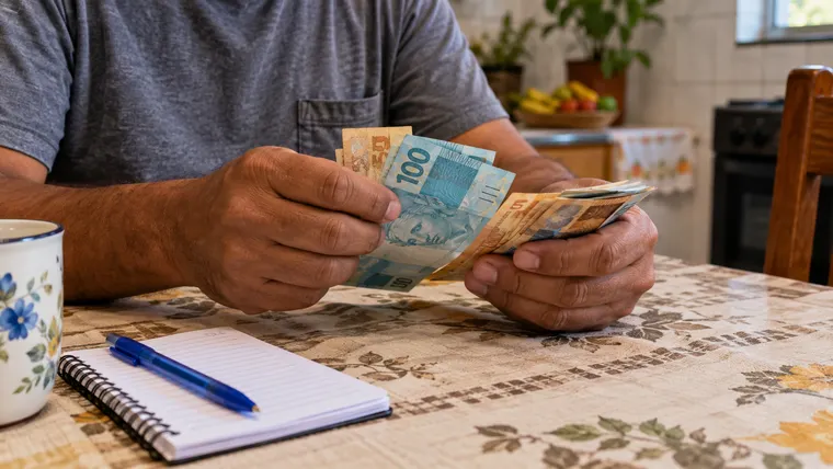 Imagem ilustrativa gerada por IA: homem contando notas de real à mesa da cozinha, com caderno e caneta ao lado.