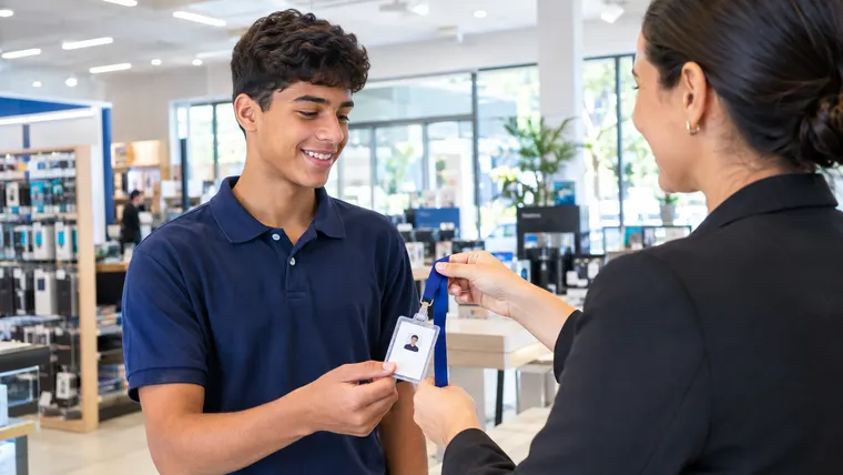 Imagem ilustrativa gerada por IA: jovem aprendiz sorrindo recebe o crachá de funcionário em uma loja de eletrônicos.