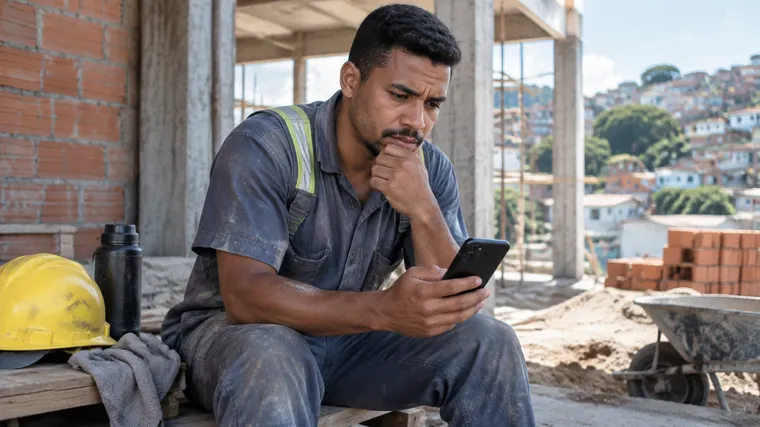 Imagem ilustrativa gerada por IA: trabalhador brasileiro da construção civil consultando aplicativo de banco no celular