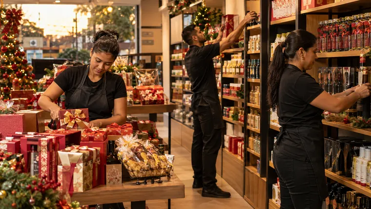 Imagem ilustrativa gerada por IA: funcionários organizam caixas de presente e produtos de Natal nas prateleiras de uma loja.