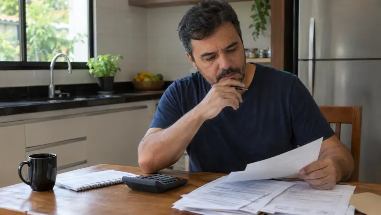Imagem ilustrativa gerada por IA: homem confere documentos da rescisão com calculadora sobre a mesa da cozinha.