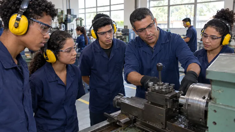 Imagem ilustrativa gerada por IA: jovens estudantes brasileiros em oficina de curso profissionalizante com equipamentos industriais