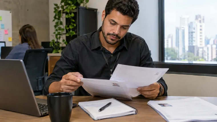 Gestora recém-promovida analisando currículos em uma mesa com notebook e café (imagem ilustrativa gerada por IA)
