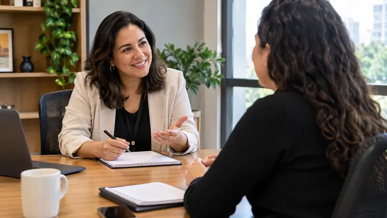 Profissional de RH conversando com uma colaboradora em sala de reunião de empresa brasileira. Imagem ilustrativa gerada por IA.