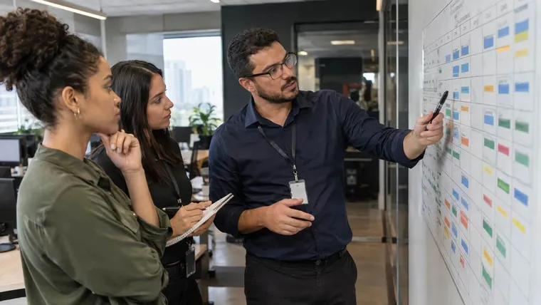 Gestor e equipe analisando escalas de trabalho em um quadro de planejamento na empresa. Imagem ilustrativa gerada por IA.